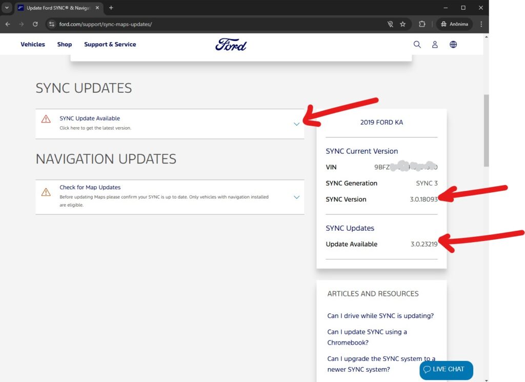 Como atualizar o sync, site EUA