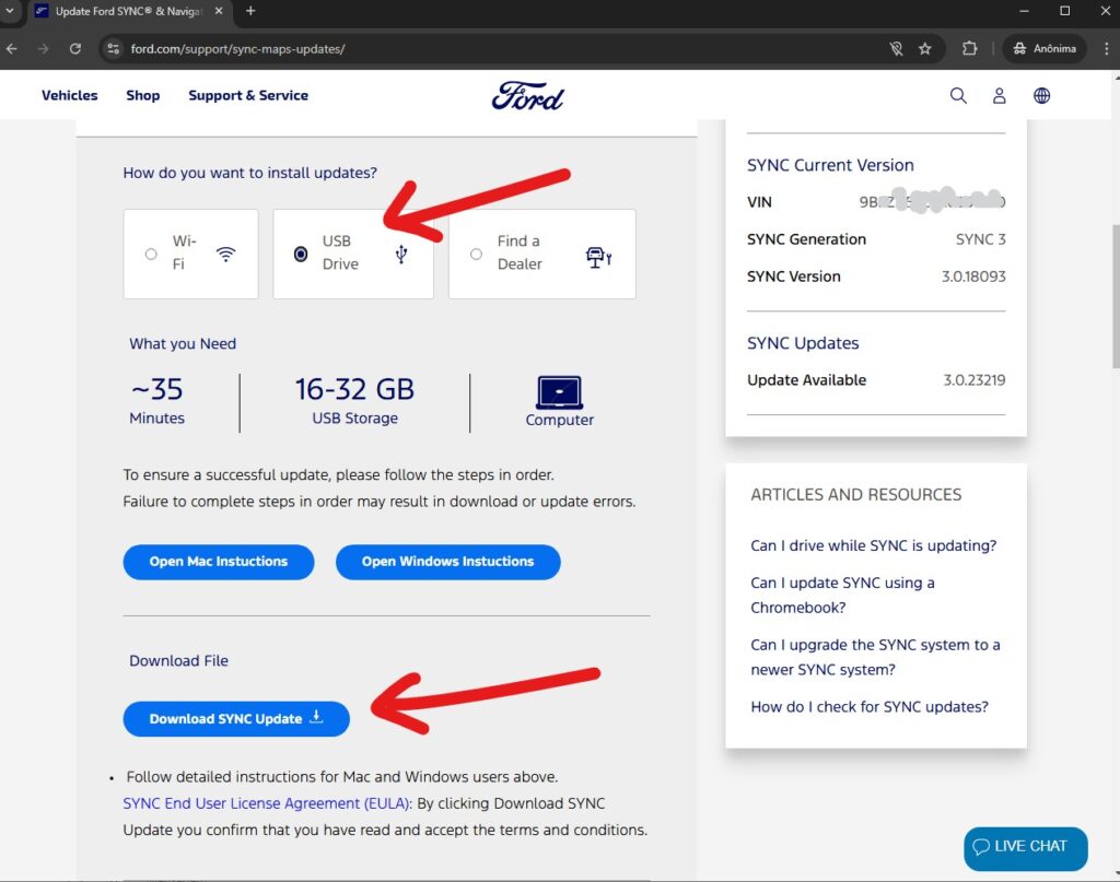 Como atualizar o sync, site EUA