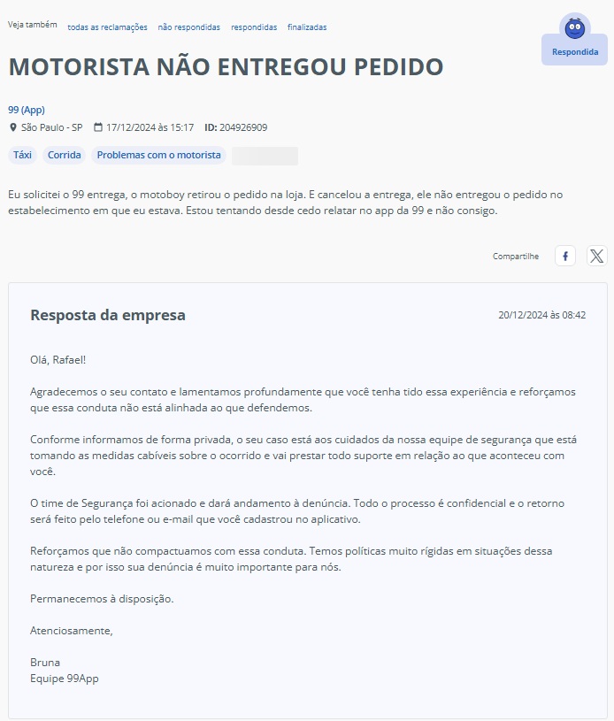 ocorrência 99 entregas