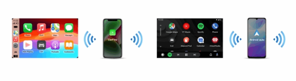 Imagem ilustrativa dos ícones do CarPlay e Android Auto na central multimídia do carro.
